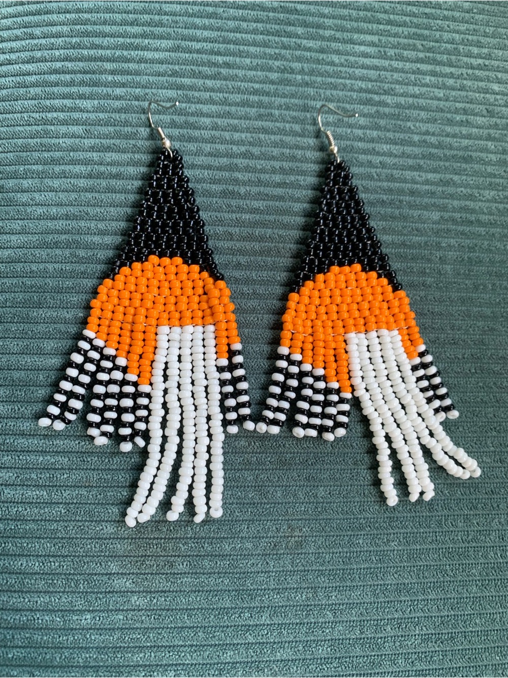 Handmade Black, Orange & White Beaded Fringe Earrings